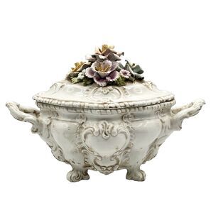 Bassano Italian Made Capodimonte Soup Tureen & Ladle Ceramic Floral Bass 3 Pcs.
